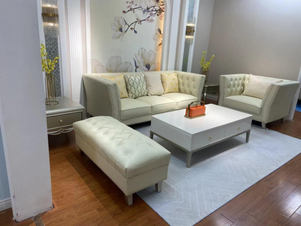 Elegant Ivory Living Room Sofa Set with Ottoman and Coffee Table