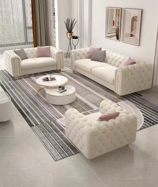 Elegant Cream Tufted Sofa Set with Gold Accents